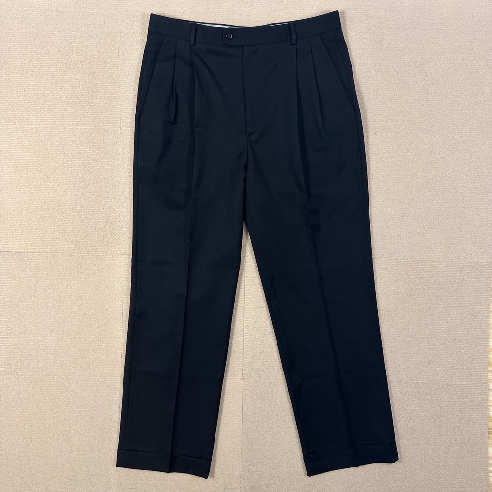 Zanella Wool Dress Pants Mens 33x30 Bennett Black Pleated Cuffed Made in Italy